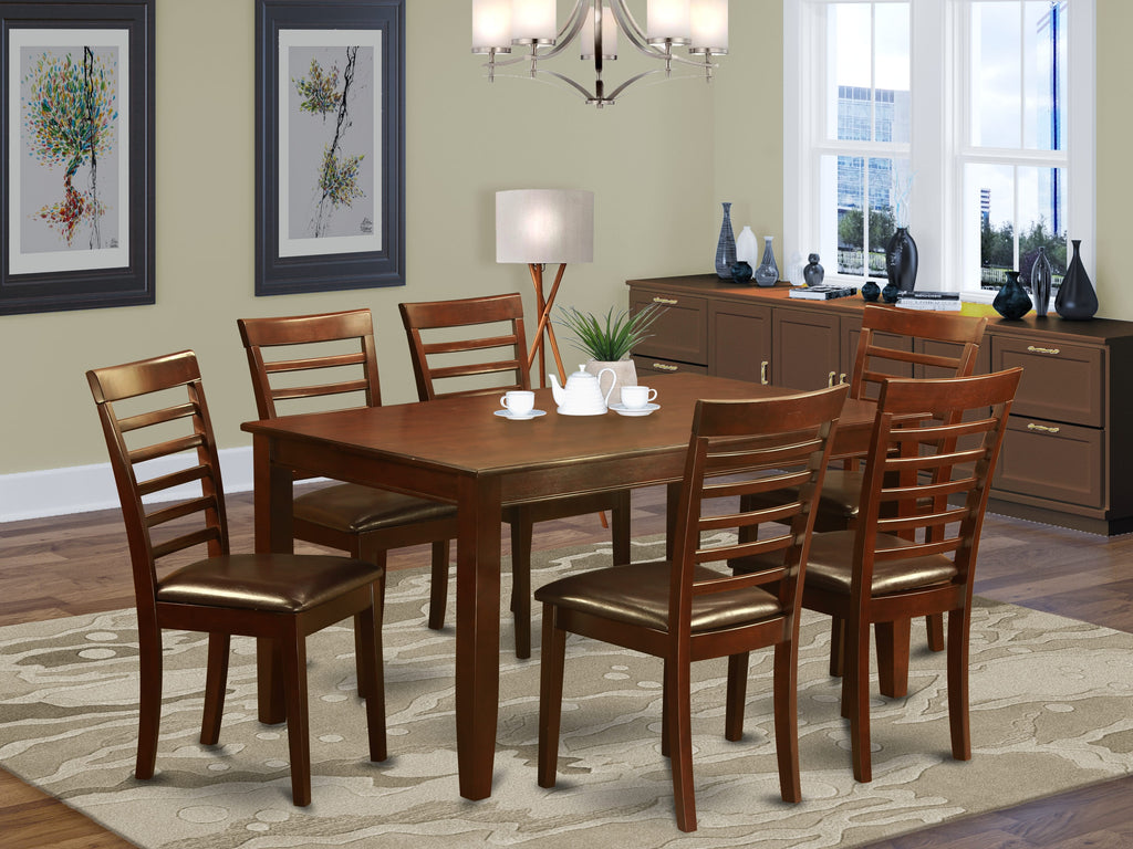 DUML7-LFD-IA Luxe 7 Piece Set Table and 6 Chairs with Leather Accents, Mahogany Style Finish, 36x60