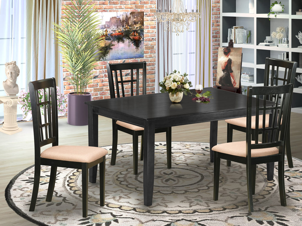 DUNI5-9IJ-6 5-Piece Kitchen Dining Set with Rectangular Table & Linen Chairs, 36x60, Black