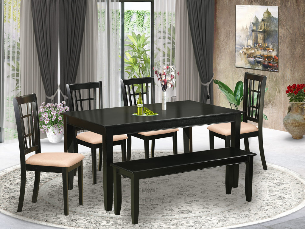 DUNI6-W2D-E 6 Piece Set with Rectangle Table & 4 Chairs Plus Bench, Sleek Black Finish