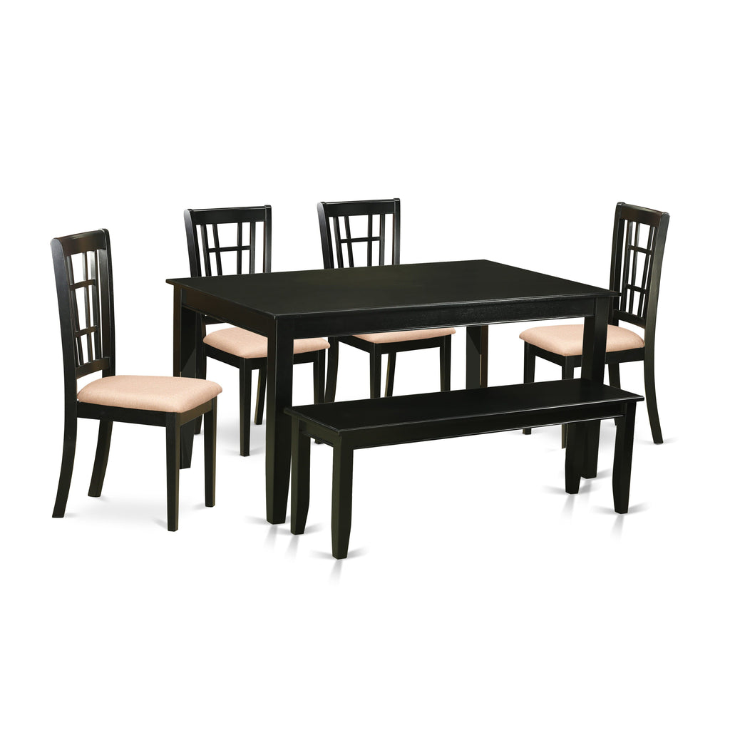 DUNI6-W2D-E 6 Piece Set with Rectangle Table & 4 Chairs Plus Bench, Sleek Black Finish