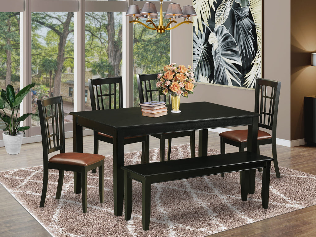 DUNI6-7JM-4H Dining Set Six-Piece Lounge Ensemble with Rectangular Table, Leather-Like Seats, and Bench, 36x60, Jet Black