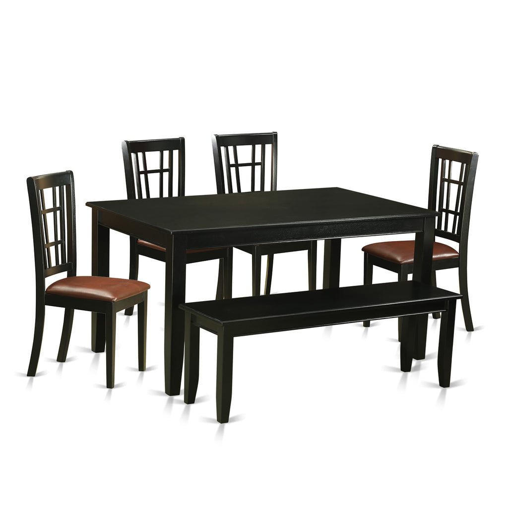 DUNI6-7JM-4H Dining Set Six-Piece Lounge Ensemble with Rectangular Table, Leather-Like Seats, and Bench, 36x60, Jet Black