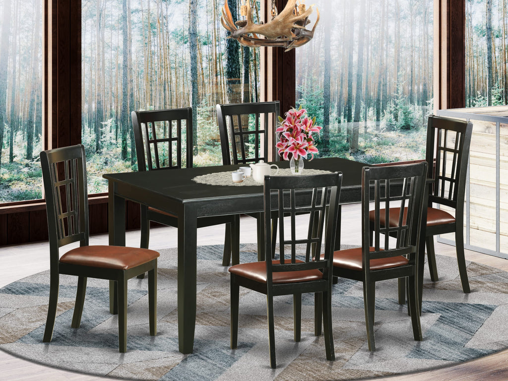 DUNI7-K2N-RV 7-Piece Dining Set with Rectangle Table & 6 Upholstered Black Chairs, 36x60