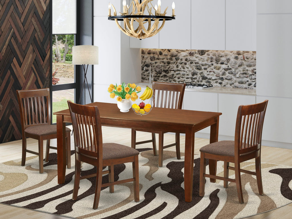 DUNO5-N22-X 5-Piece Dining Set - Rectangle Table & Upholstered Chairs for 4, Mahogany Finish