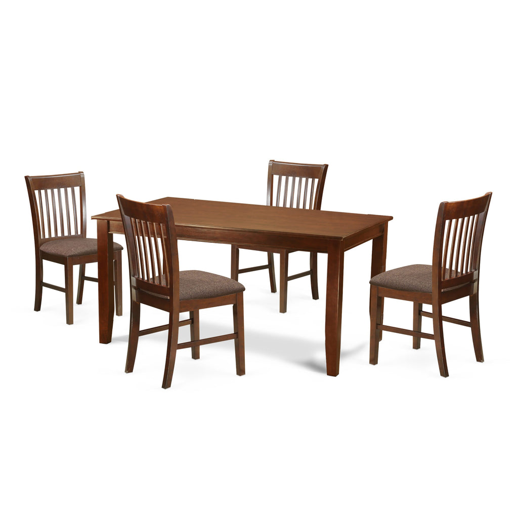 DUNO5-N22-X 5-Piece Dining Set - Rectangle Table & Upholstered Chairs for 4, Mahogany Finish