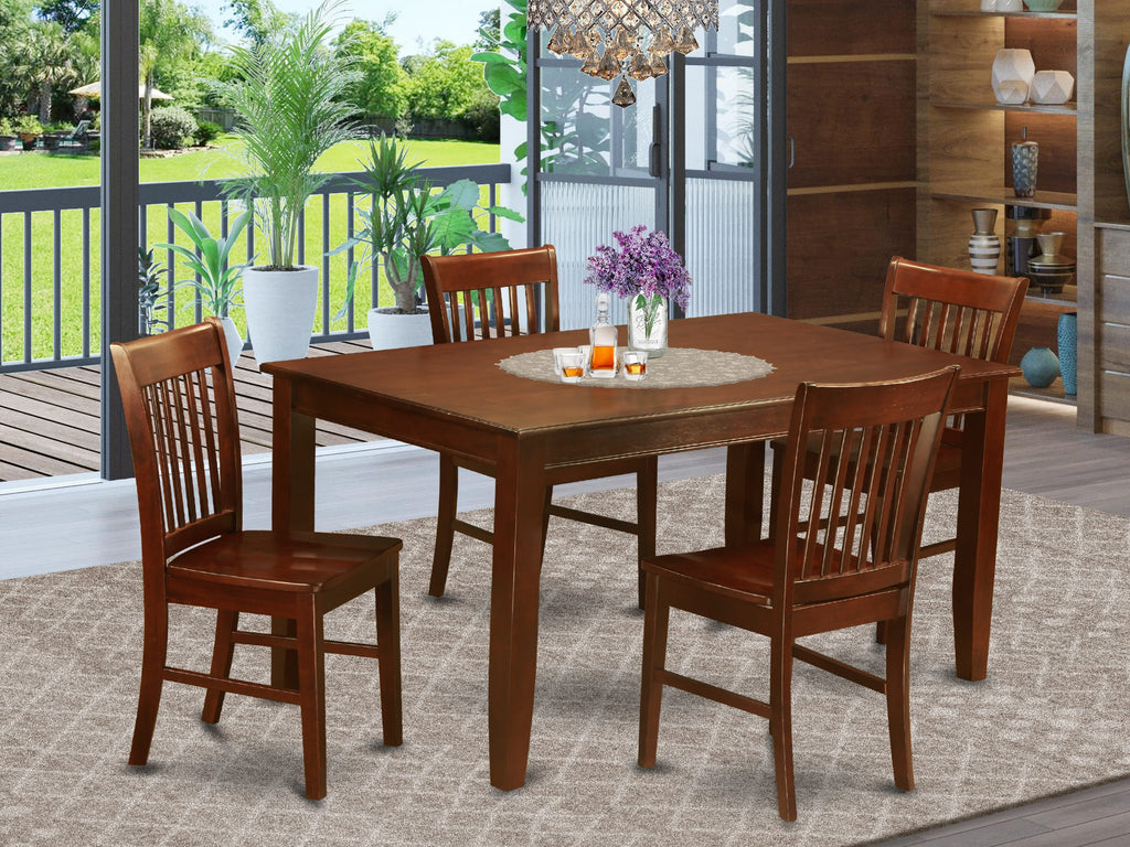 DUNO5-ERF-I Exquisite Five-Piece Dining Ensemble with Rectangular Table & 4 Elegantly Designed Chairs, Mahogany Finish, 36x60 Inch