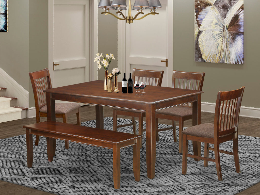 DUNO6N-P3H-Z 6-Piece Set Mahogany Finish Dining Table, Bench & Linen Chairs, 36x60