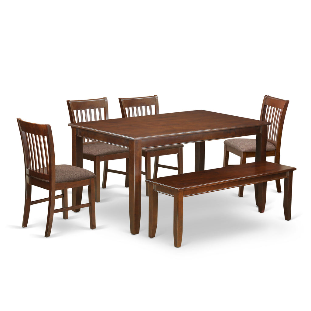 DUNO6N-P3H-Z 6-Piece Set Mahogany Finish Dining Table, Bench & Linen Chairs, 36x60