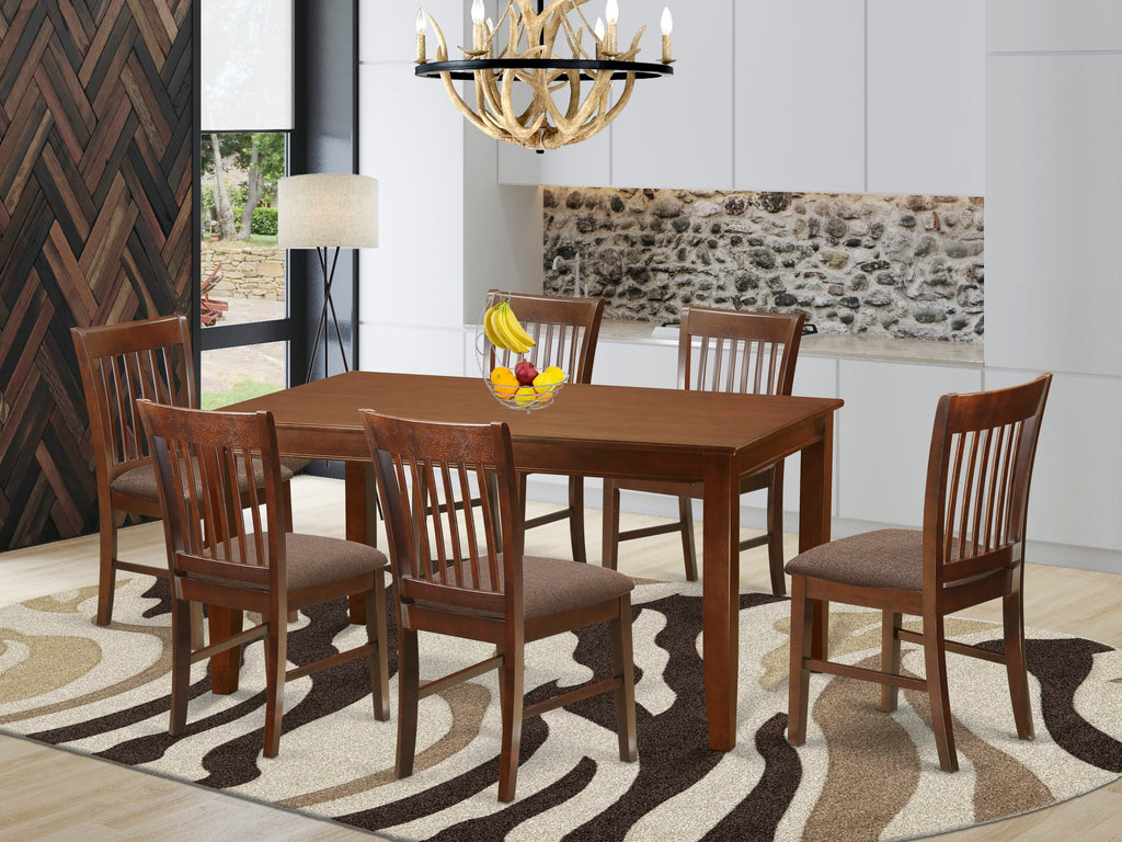 Dining Ensemble DUNO7-XC5-1 A Majestic 7-Piece Linen Upholstered Set with Rectangle Table in Rich Mahogany