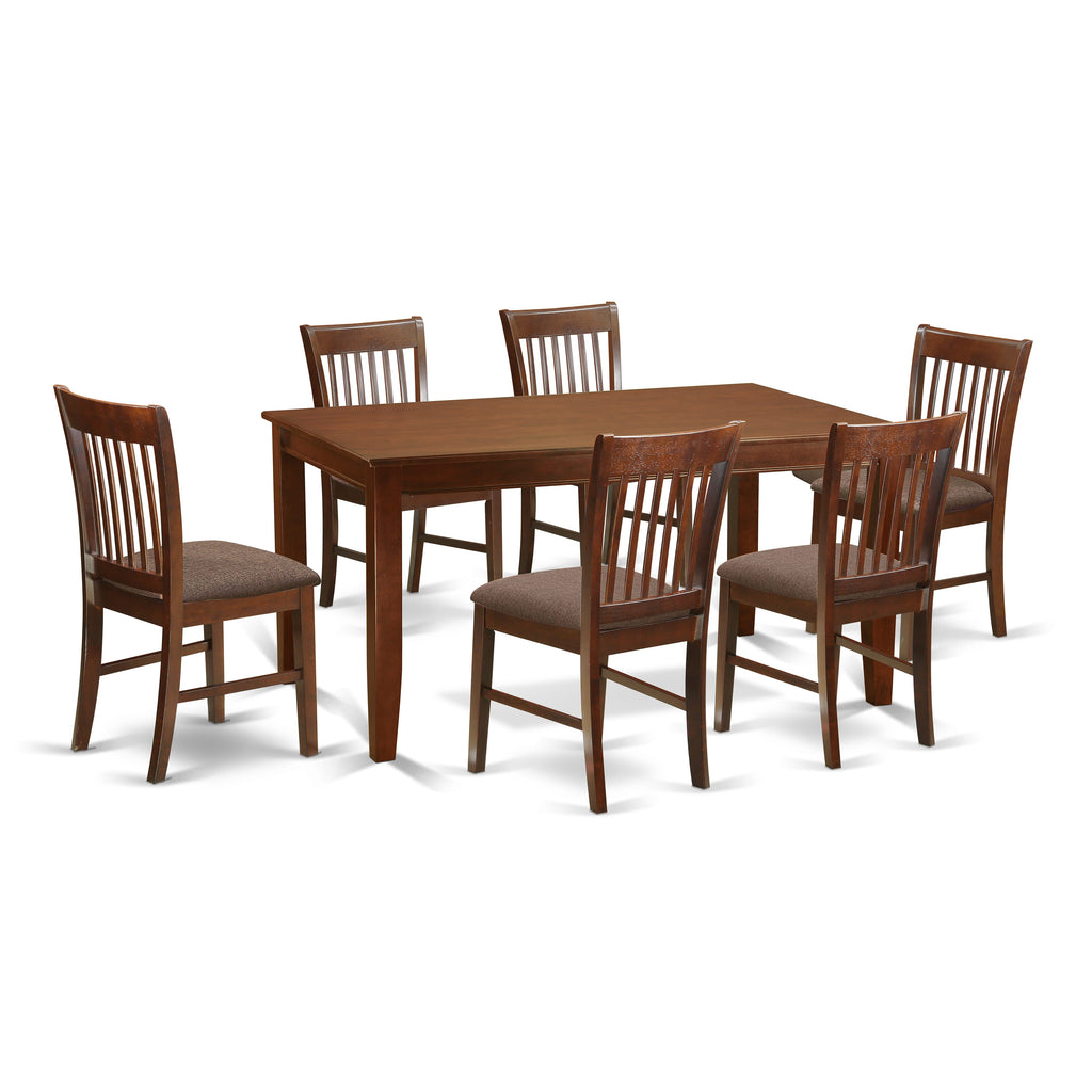 Dining Ensemble DUNO7-XC5-1 A Majestic 7-Piece Linen Upholstered Set with Rectangle Table in Rich Mahogany