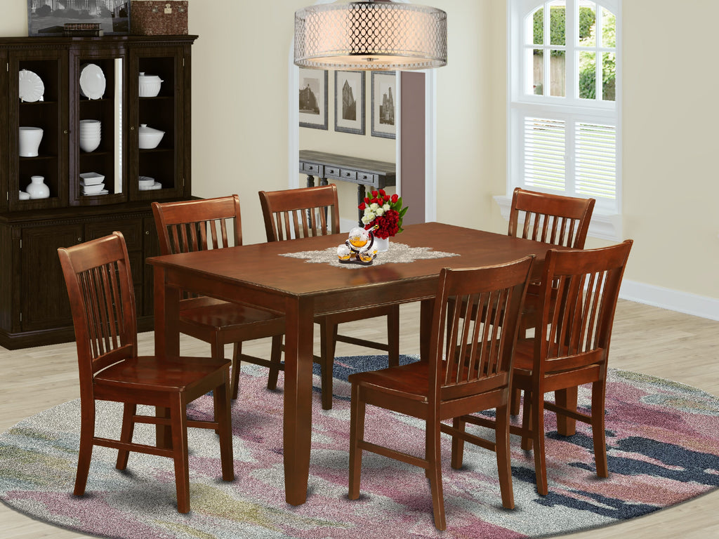 DUNO7-X12-U 7 Piece Dining Ensemble with Solid Wood Dining Table and 6 Chairs, Mahogany Finish, 36x60 Inches