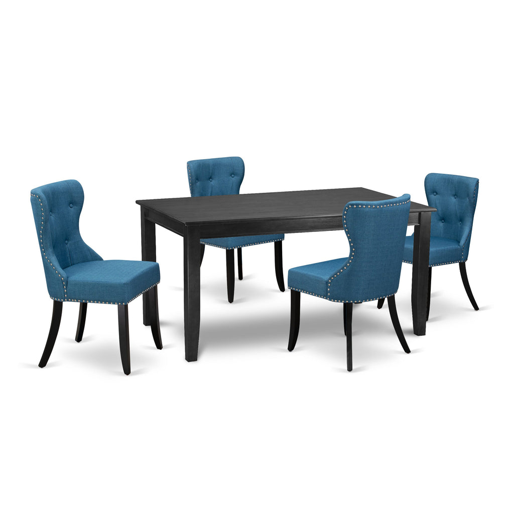 DUSI5-85O-1B 5-Piece Dining Setup Rectangular Table with 4 Blue Parson Chairs, Linen Fabric