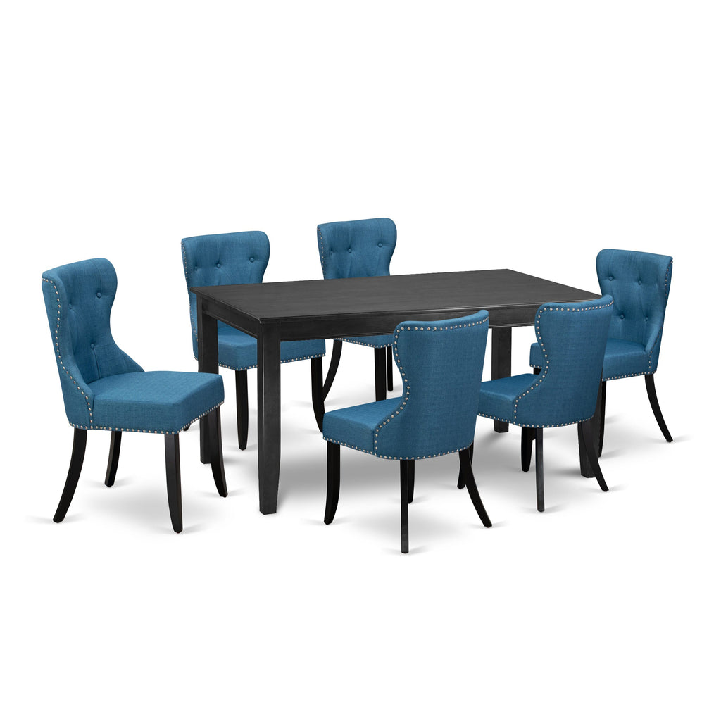 DUSI7-35J-JC 7 Piece Set Dining Table with 6 Blue Upholstered Chairs, 36x60 Inch