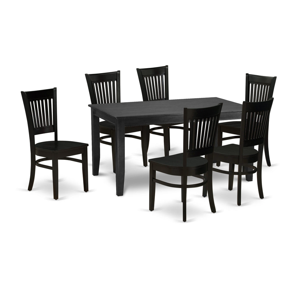 7-Piece DUVA7-C8T-L Dining Ensemble with Rectangular Table and Six Chairs, Black Finish, Size 36x60