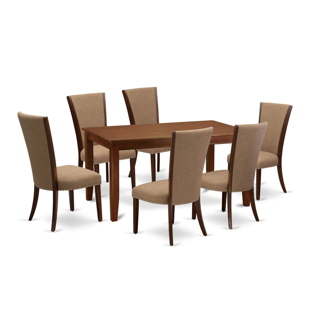 DUVE7-ND5-70 Elegant 7-Piece Dining Set with Rectangular Table & 6 Upholstered Chairs in Light Sable Fabric, Mahogany Finish