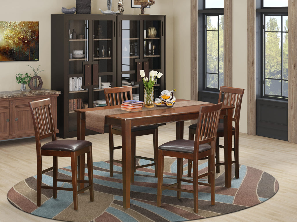 DUVN5Q-MM4-ZS 5-Piece Tall Dining Ensemble with Rectangular Table & 4 Cushion Chairs, Mahogany Finish