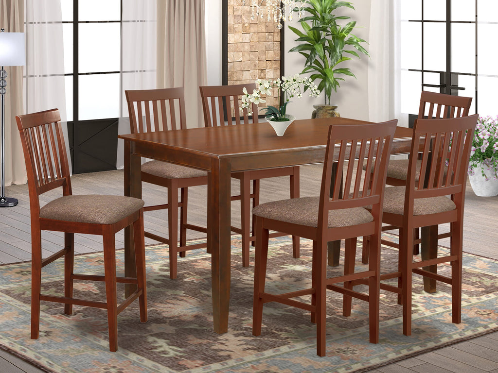 DUVN7O-PUR-Y 7-Piece Counter Dining Set with Rectangular Table and 6 Fabric Chairs in Luxurious Mahogany Finish, 36x60 in.