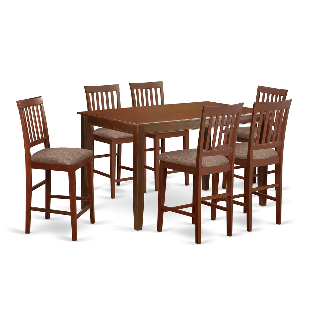 DUVN7O-PUR-Y 7-Piece Counter Dining Set with Rectangular Table and 6 Fabric Chairs in Luxurious Mahogany Finish, 36x60 in.
