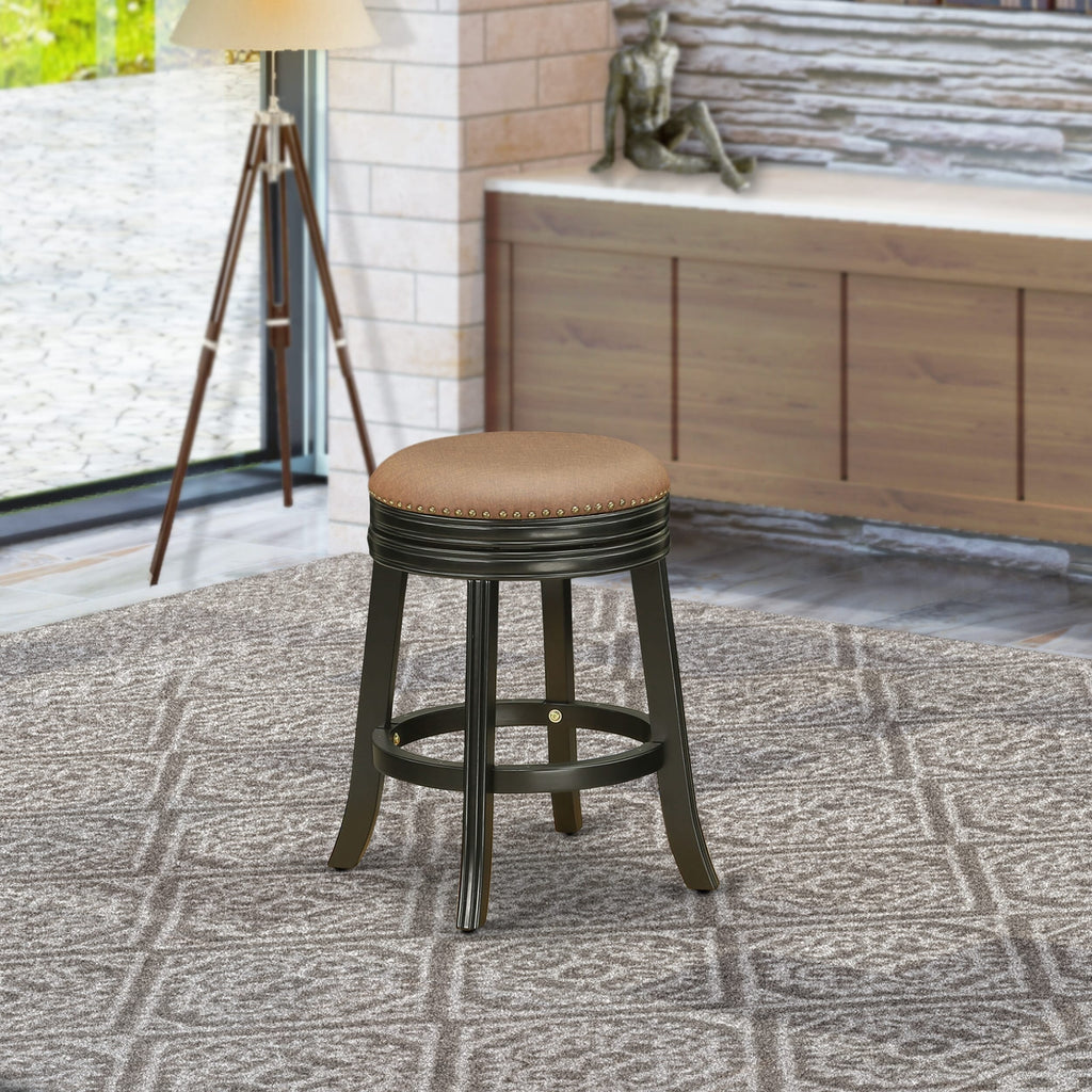 DVS028-FFE, 24-Inch Black Upholstered Counter Height Brown Leather Stool, Backless for Pub