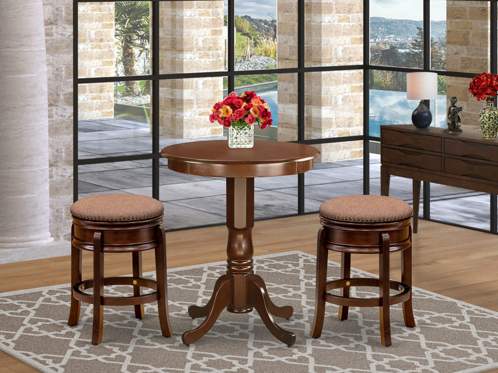 EDAM3-Q8B-BX 3 Piece Elevated Dining Ensemble with Round Table & No-Back Stools, Classic Mahogany