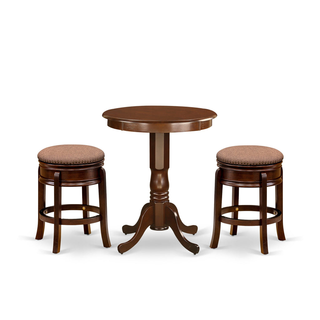 EDAM3-Q8B-BX 3 Piece Elevated Dining Ensemble with Round Table & No-Back Stools, Classic Mahogany