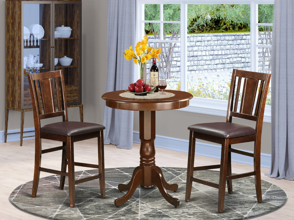 EDBU3-PMO-YZ 3-Piece Elevated Round Table Set with Base and Two Leatherette Chairs, 30x30 Mahogany