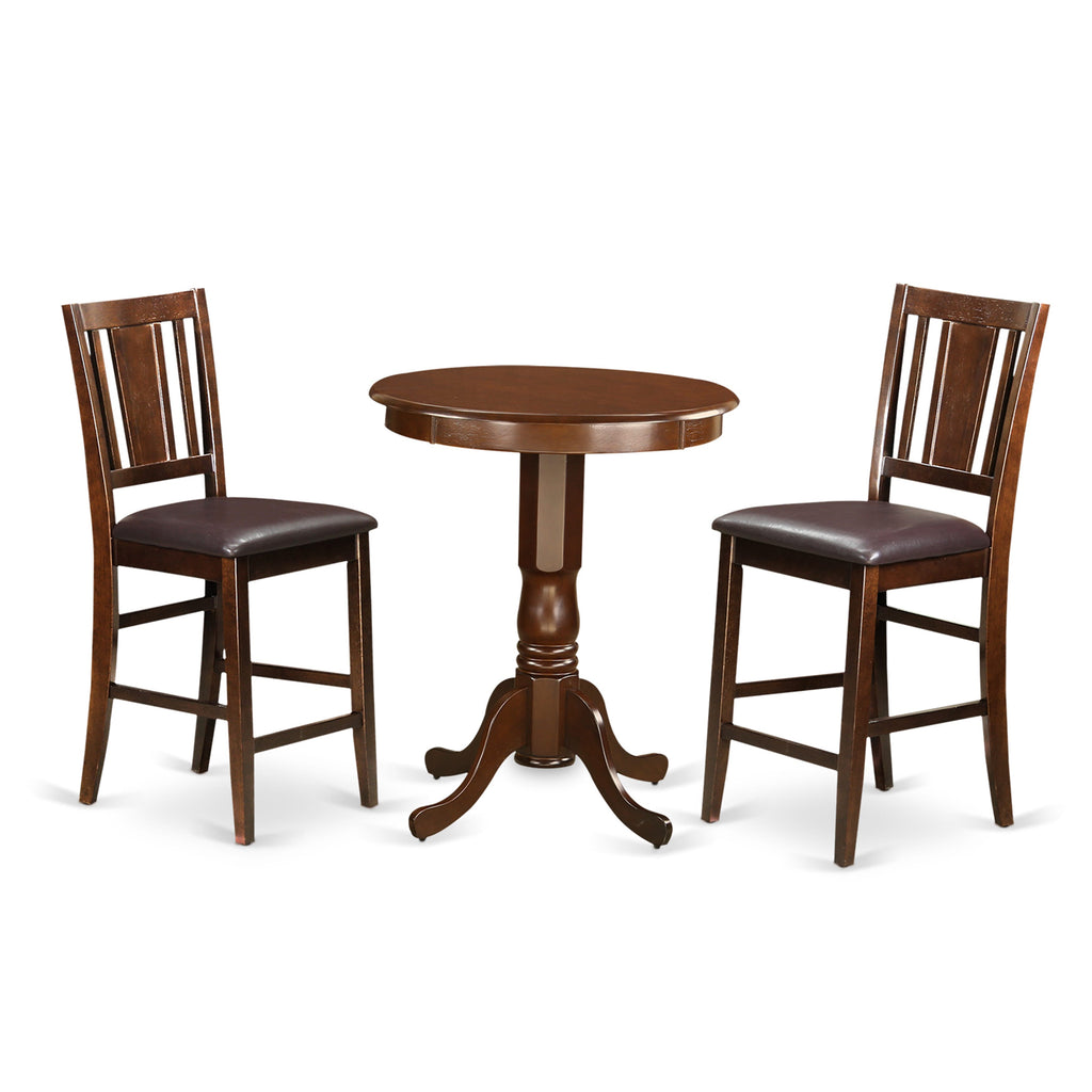 EDBU3-PMO-YZ 3-Piece Elevated Round Table Set with Base and Two Leatherette Chairs, 30x30 Mahogany