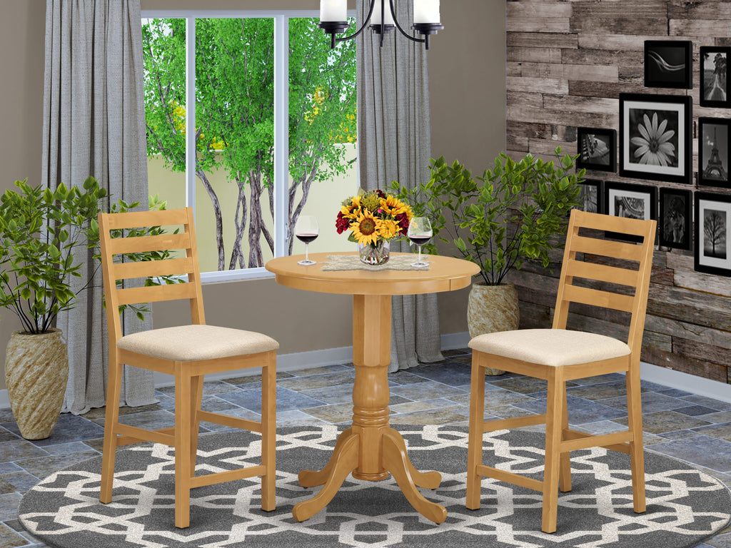 EDCF3-9QL-B 3-Pc Elevated Dining Ensemble w/Round Table & Linen Chairs for Cozy Dining Areas, Oak Finish