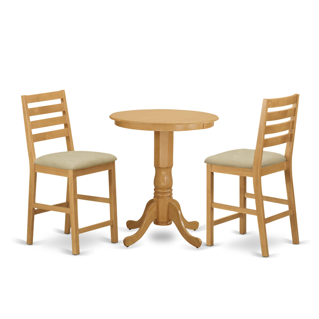 EDCF3-9QL-B 3-Pc Elevated Dining Ensemble w/Round Table & Linen Chairs for Cozy Dining Areas, Oak Finish