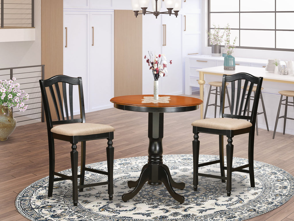 EDCH3-B43-6 Contemporary 3-Piece High-Top Dining Set with Round Pedestal Table & Two Upholstered Linen Chairs, Black & Cherry Finish