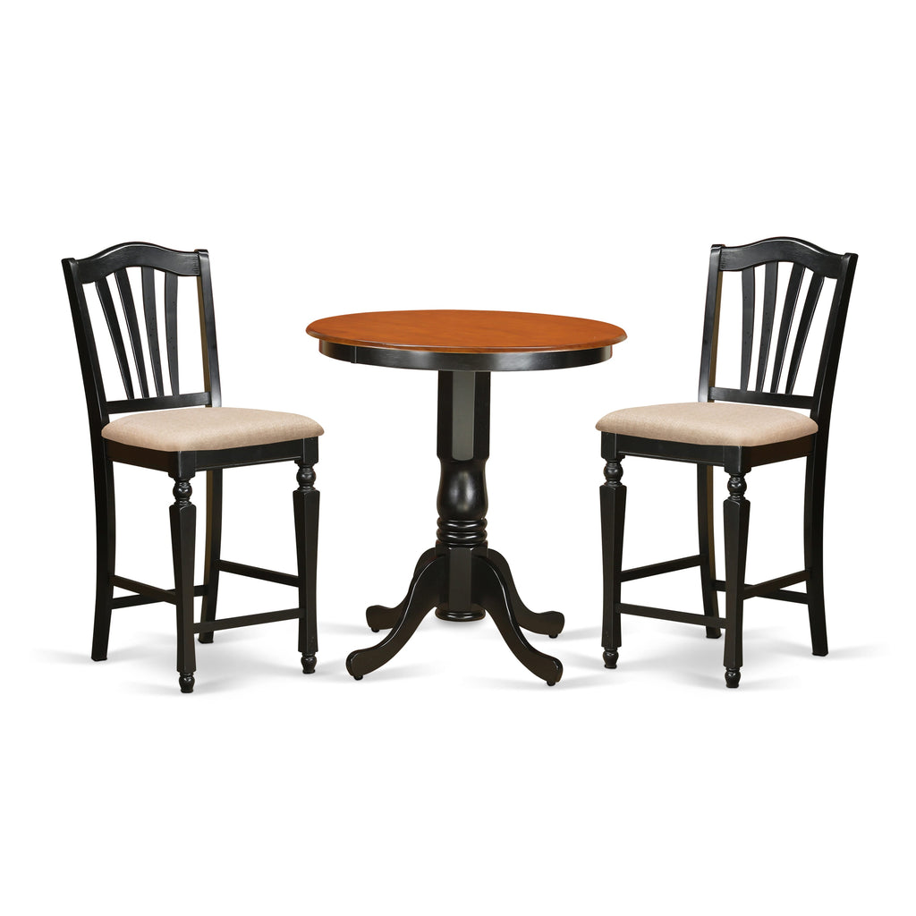 EDCH3-B43-6 Contemporary 3-Piece High-Top Dining Set with Round Pedestal Table & Two Upholstered Linen Chairs, Black & Cherry Finish