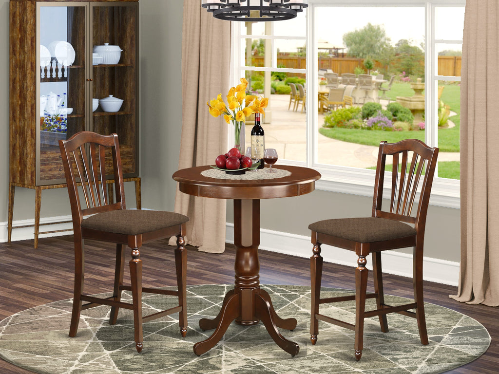 EDCH3-QET-S Mahogany 3-Piece Elevated Dining Ensemble with Round Pedestal Table and Linen Chair Duo