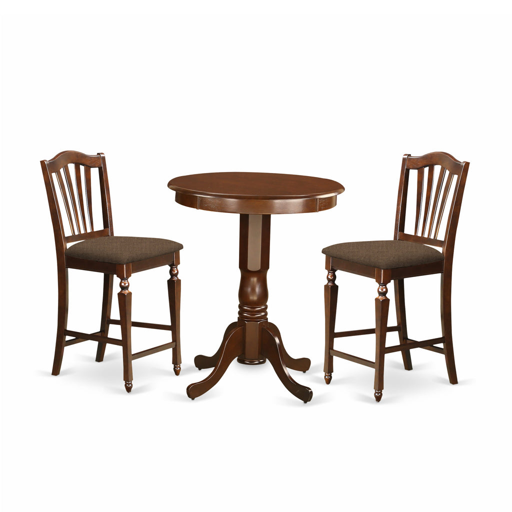 EDCH3-QET-S Mahogany 3-Piece Elevated Dining Ensemble with Round Pedestal Table and Linen Chair Duo