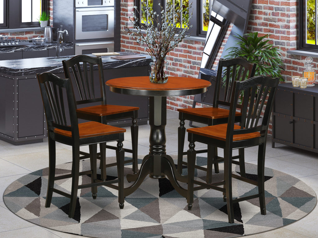 Counter Height Dining Set 5-Piece EDCH5-NCN-X with Round Table Pedestal and 4 Chairs, 30x30 Inch, Black & Cherry