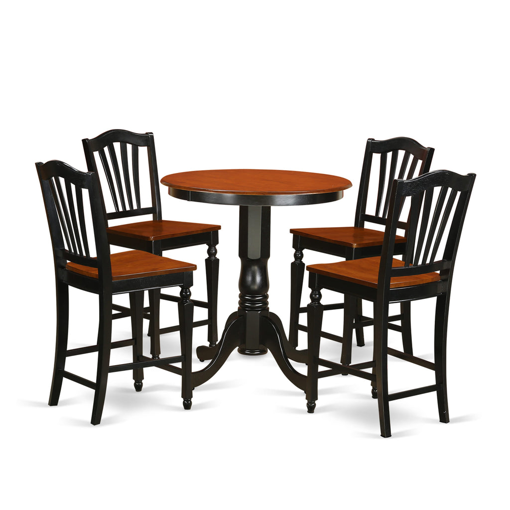 Counter Height Dining Set 5-Piece EDCH5-NCN-X with Round Table Pedestal and 4 Chairs, 30x30 Inch, Black & Cherry