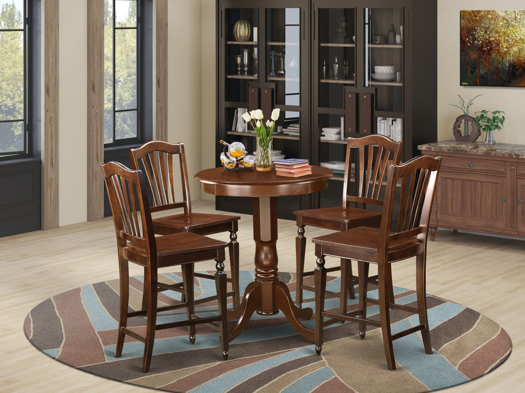 EDCH5-6HV-Q 5-Piece Counter Height Dining Ensemble, Round Wooden Table with Pedestal Base & 4 Chairs, 30x30 Inch, Rich Walnut Finish