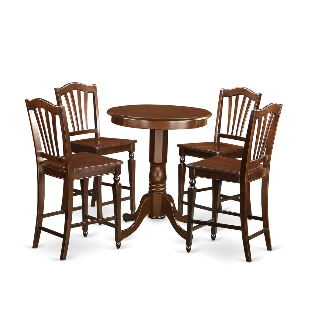 EDCH5-6HV-Q 5-Piece Counter Height Dining Ensemble, Round Wooden Table with Pedestal Base & 4 Chairs, 30x30 Inch, Rich Walnut Finish