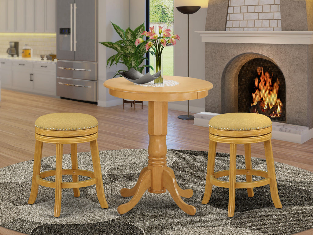 Rustic EDDV3-CL3-41 3-Piece Counter Dining Set with Round Table & Two Backless Stools in Oak Finish