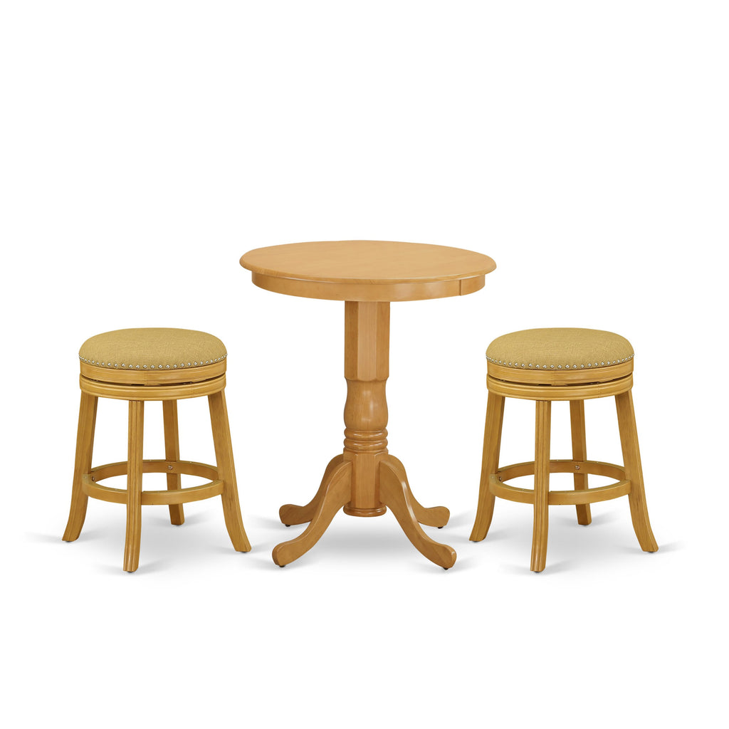 Rustic EDDV3-CL3-41 3-Piece Counter Dining Set with Round Table & Two Backless Stools in Oak Finish