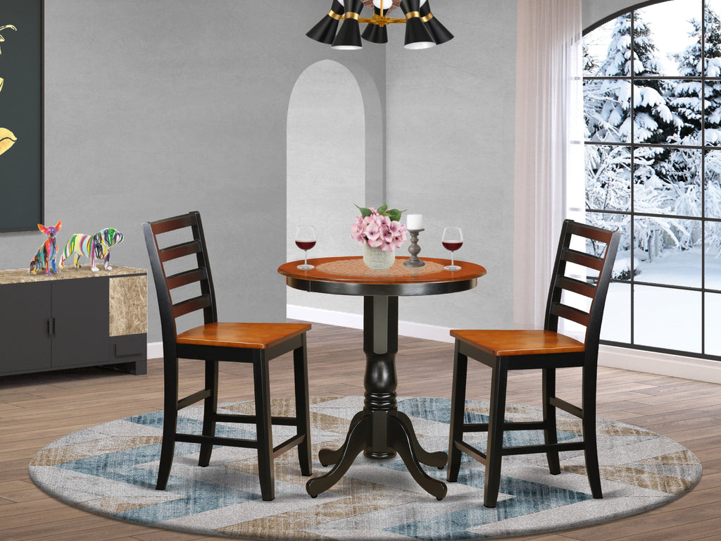 EDFA3-MUQ-E 3-Piece Cozy Dining Set with Pedestal Table & Two Chairs in Black & Cherry, Ideal for Smaller Spaces
