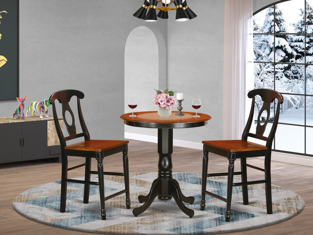 EDKE3-GLO-0 Compact Counter Height Set with Pedestal Table & Two Stools, 30-Inch Black & Cherry