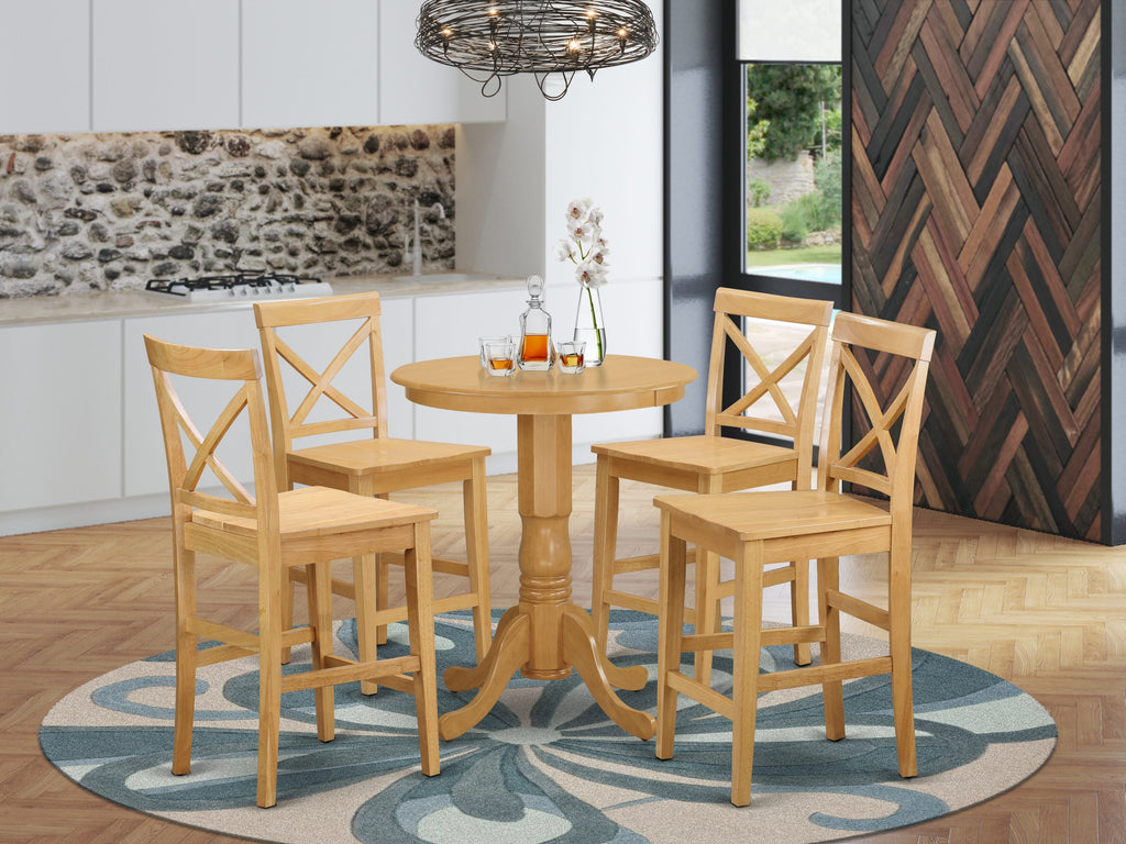 EDPB5-N34-W 5-Piece Counter Height Ensemble with Pedestal Round Table & 4 Stylish Chairs, 30x30 Oak Finish