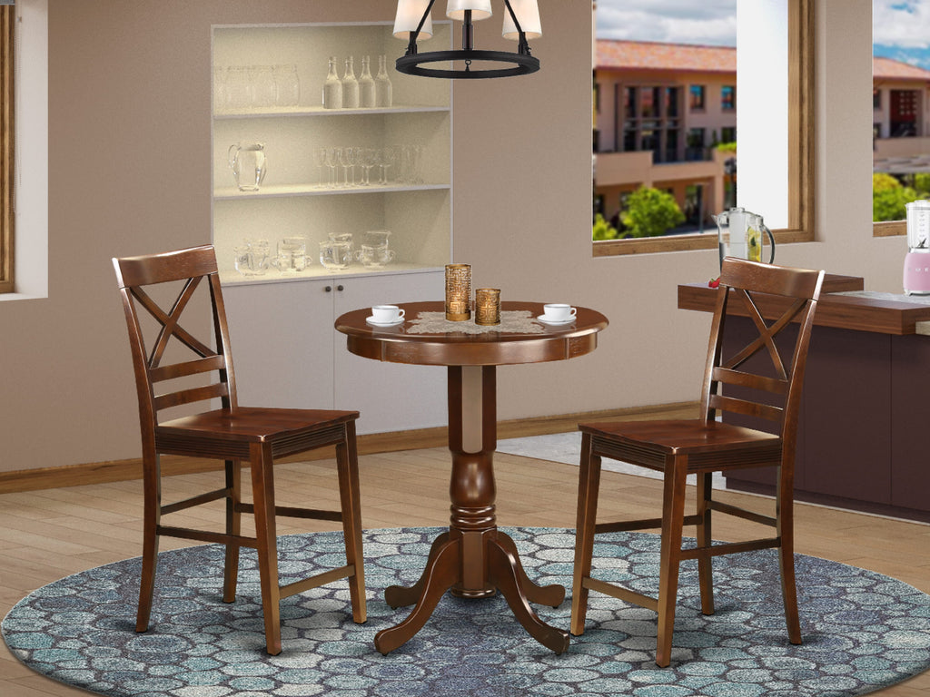 Compact Dining Set EDQU3-JEK-N Perfect 3-PC Ensemble with Pedestal Table & Dual Chairs in Rich Mahogany