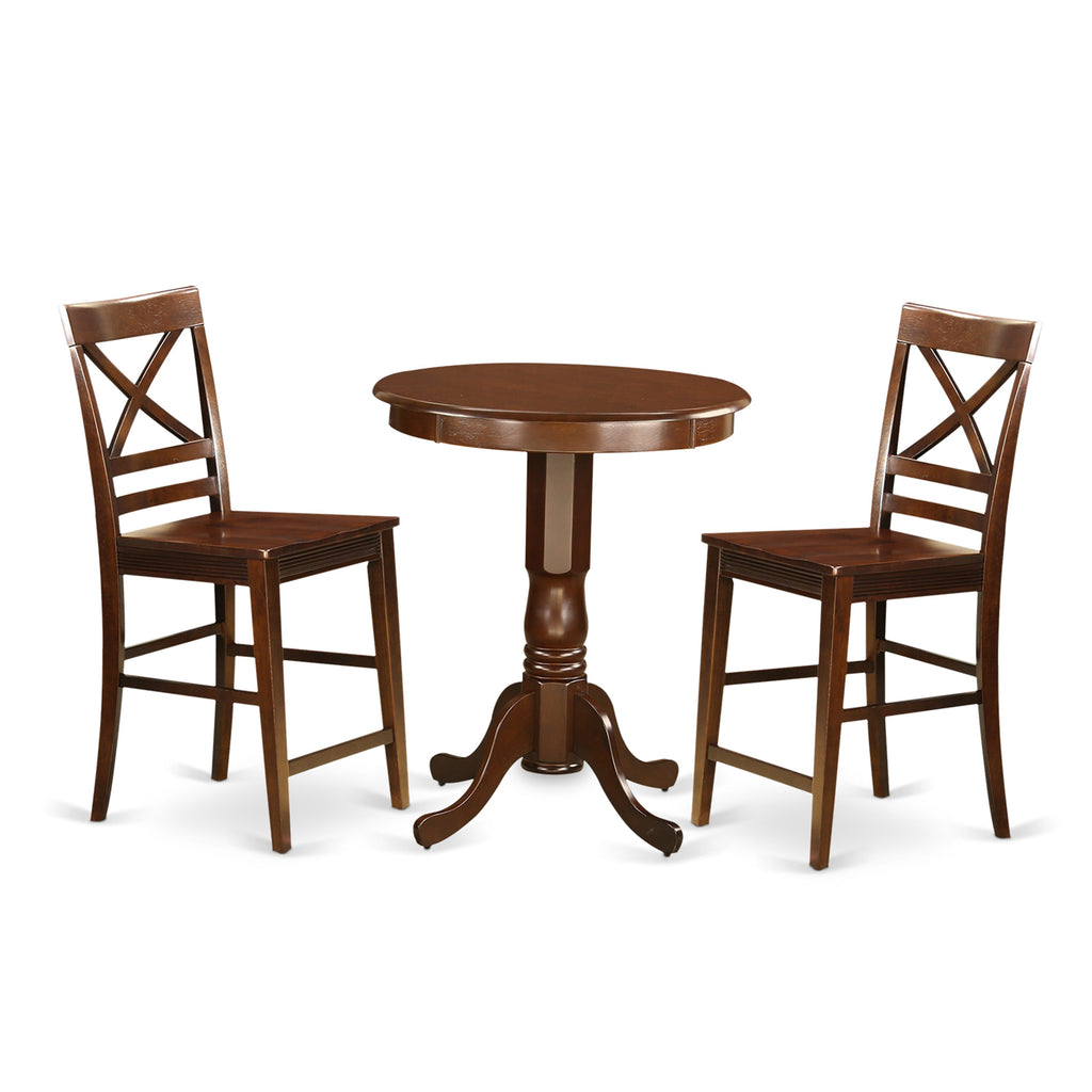 Compact Dining Set EDQU3-JEK-N Perfect 3-PC Ensemble with Pedestal Table & Dual Chairs in Rich Mahogany