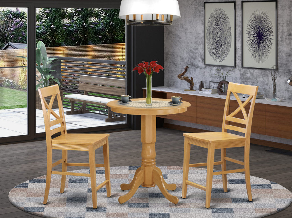 EDQU3-55O-S 3-Piece Round Dining Set with High Pedestal and 2 Oak Chairs for Kitchen