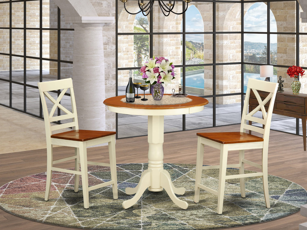 EDQU3-Y9G-C Three-Piece Dining Set with Circular Table and Sturdy Seats in Buttermilk Cherry Finish