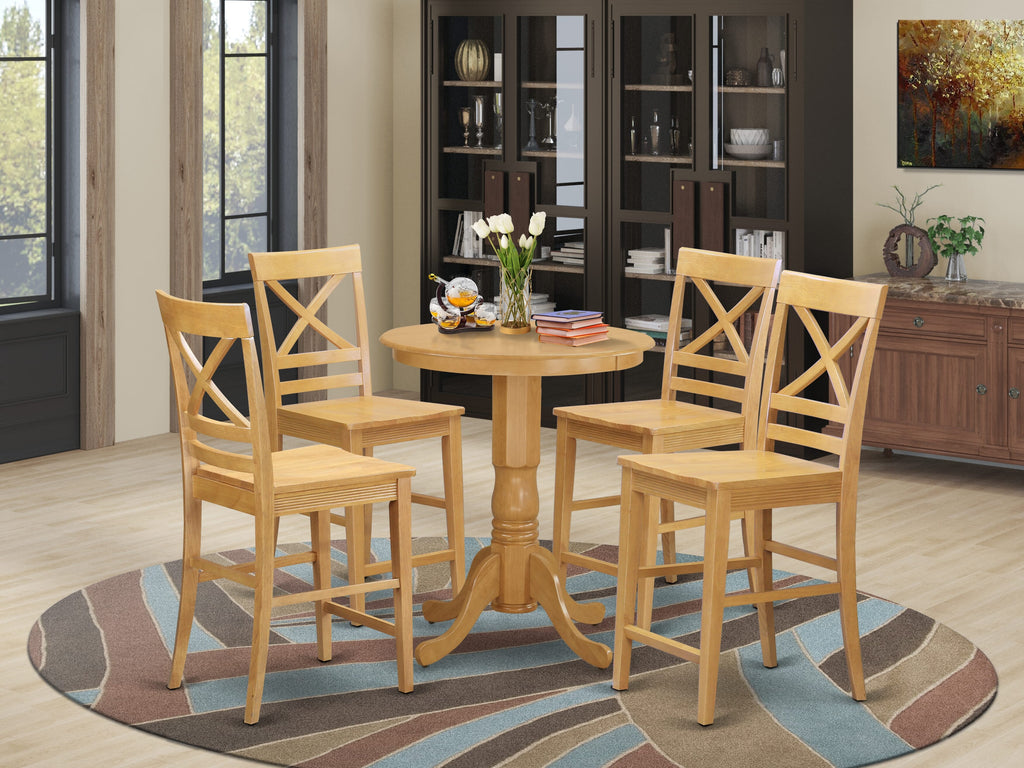 EDQU5-SW0-9 Elegant 5-Piece Oak Dining Set with Round Pedestal Table and Four Stools