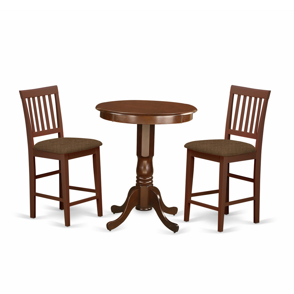 EDVN3-VC1-9 Compact 3-Piece Dining Ensemble with Pedestal Round Table and 2 Upholstered Linen Chairs, Ideal for Cozy Spaces, Mahogany Finish, 30-inch Tabletop