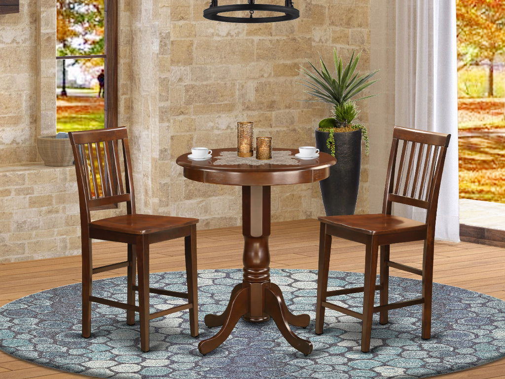 EDVN3-7DZ-Z 3-Piece Mahogany Pub Table Ensemble with Pedestal Base and Two Chairs, 30x30 Inches
