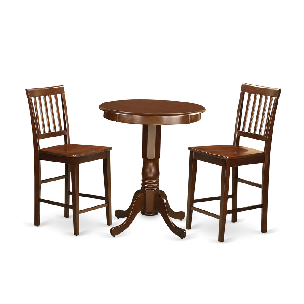 EDVN3-7DZ-Z 3-Piece Mahogany Pub Table Ensemble with Pedestal Base and Two Chairs, 30x30 Inches